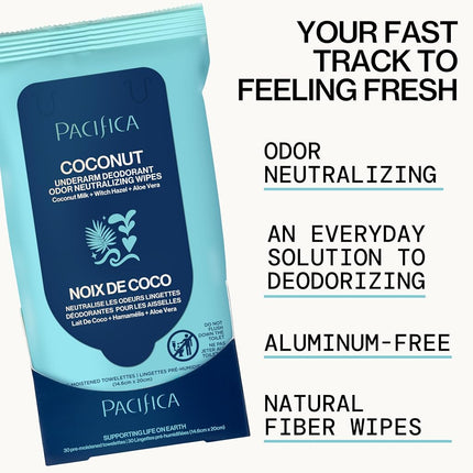 PACIFICA Lingettes déodorantes pour aisselles - Lait de coco et huile essentielle pour femme, 30 lingettes, BLANC, (Lot de 1)