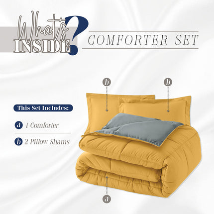 Elegante juego de edredón reversible de 3 piezas de Elegant Comfort, acogedor para todas las estaciones, alternativa suave a la pluma, acolchado – costura de caja – inserto de edredón con 4 pestañas en las esquinas, edredón con fundas, King, amarillo/gris