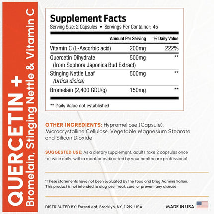 Quercetin 500mg with Bromelain, Vitamin C and Stinging Nettle – Advanced Sinus and Allergy Supplement – Natural Vegetable Capsules – Non GMO, Dairy, Gluten, Egg and Nut Free - by ForestLeaf (180)