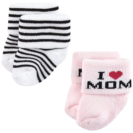 Hudson Baby Baby Girls' Cotton Rich Newborn and Terry Socks, Mom and Dad Girl Pink Black 12-pack, 6-12 Months