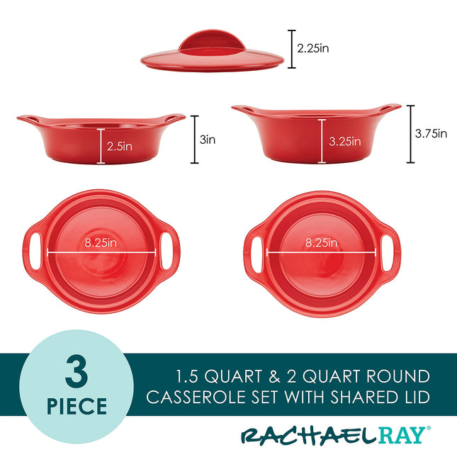 Juego de 3 fuentes/bandejas de cerámica con esmalte sólido, marca Rachael Ray, con tapa compartida, color rojo