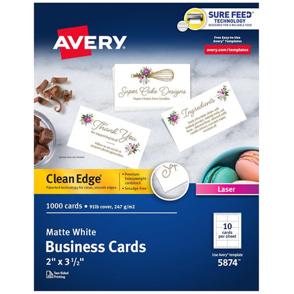 Avery Clean Edge Printable Business Cards with Sure Feed Technology, 2" x 3.5", White, 1,000 Blank Cards for Laser Printers (5874)