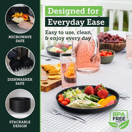 Grow Forward Premium Wheat Straw Plates - 10 Inch Reusable Hard Plastic Dinner Plates Set of 8 - Unbreakable Microwave Safe Plates for Dessert, Camping, RV, Outdoors, Patio, Kitchen Dishes - Midnight