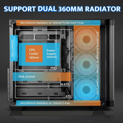 darkFlash ATX Mid-Tower Gaming PC Case, Back Plug-in BTF Motherboard, with 4 ARGB Fans Computer Case, Full View Curve Glass Dual-Chamber PC Case, Type C Port, Supports Dual 360mm AIO, Black(DPW90)