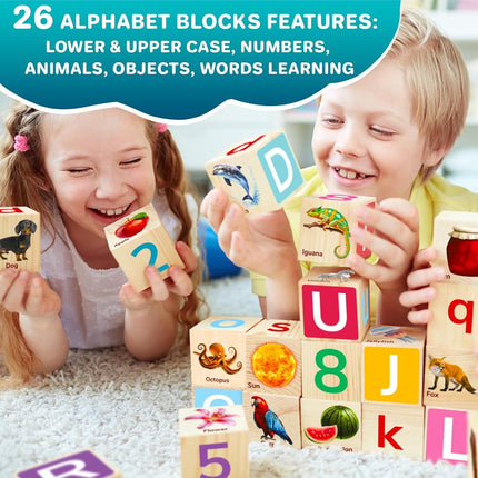 Wooden Blocks for Toddlers 1-3 - 35 ABC Learning Baby Blocks for Kids 3-5