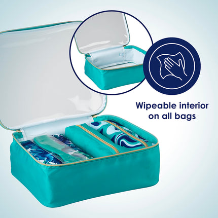 Conair 5 Piece Toiletry and Cosmetic Bag Set Under $30, Includes 4 Makeup Bags and 1 Travel Comb in Teal Palm Prints