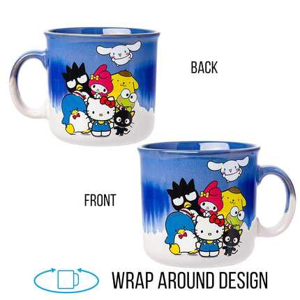 Silver Buffalo Sanrio Hello Kitty and Friends Featuring Chococat, Tuxedo Sam, Badtz-Maru, My Melody, Pompompurin, Keroppi, and Cinnamoroll Reactive Glaze Ceramic Camper Mug, 20 Ounces