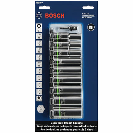 Bosch ITDSO12V10 10 pc. Impact Tough Deep Well 1/2" Socket Set with 1/4" Hex to 1/2" Socket Adapter, Black
