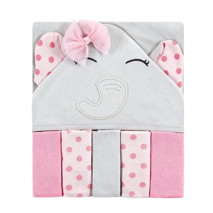 Hudson Baby Unisex Baby Hooded Towel and Five Washcloths, Pink Dots Pretty Elephant, One Size