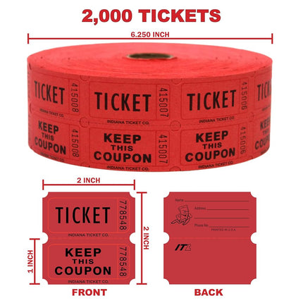 Indiana Ticket CO. 2,000 boletos rojos de rifa en rollo doble, boletos de rifa 50/50 de primera calidad, boletos para eventos, carnavales, premios de puerta, bebidas y más