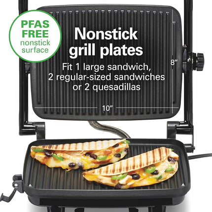 Prensa Panini Eléctrica Hamilton Beach con Tapa de Bloqueo, Apta para Sándwiches de Cualquier Grosor, Placas Antiadherentes de 20.3 x 25.4 cm, Acabado Cromado (25460A)
