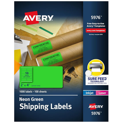 Avery Printable Shipping Labels with Sure Feed, 2" x 4", Neon Green, 1,000 Blank Mailing Labels (5976)