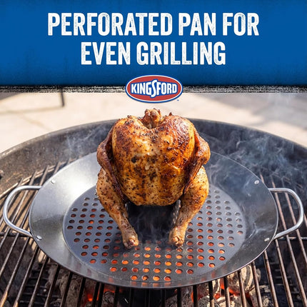 Kingsford Beer Can Chicken Holder & Grill Pan – 2-in-1 Non-Stick Carbon Steel Roasting Rack & 12" Perforated BBQ Pan for Crispy, Juicy Grilled Chicken