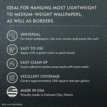 Roman’s PRO-543 Universal Border and Wallpaper Adhesive for Home Improvement, White, 1 Gallon (250 Sq. Ft.)