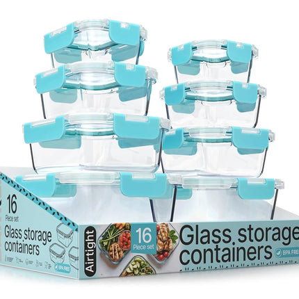Aqua Borosilicate Glass Food Storage Containers with Lids 16 Pieces, Food-grade, BPA-Free Stackable Glass Lunch & Leftover Containers, Microwave, Freezer & Dishwasher Safe, Airtight Leak-Proof