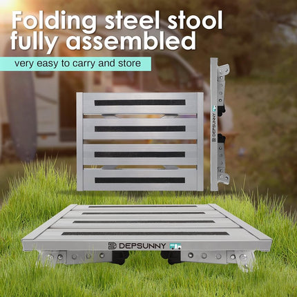 DEPSUNNY Adjustable Height Aluminum RV Step, Stable Foldable Platform Step Stool, Supports Up to 1,000 lb, Non-Slip Rubber Feet and Platform Mat, Easy to Carry (Silver)