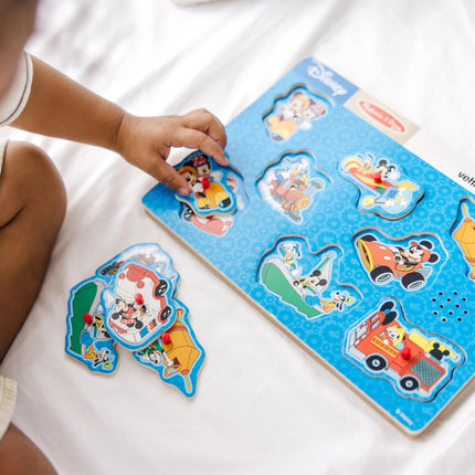 Melissa & Doug Disney Mickey Mouse and Friends Vehicles Light-Activated Sound Puzzle (8 pcs) Mickey Mouse Toddler Toys, Wooden Sound Puzzles for Toddlers Ages 2+
