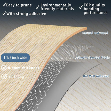 ZYJT White Oak Edge Banding, 1 1/2 inch x 50ft roll of Veneer Edge Banding -Pre-glued Flexible, Real Wood Tape Banding for Cabinet Repair Furniture Restoration