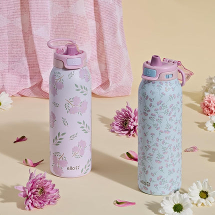 Ello Pop & Fill 22oz Stainless Steel Water Bottle with QuickFill Technology, Double Walled and Vacuum Insulated Metal, Leak Proof Locking Lid, Straw and Chug, Reusable, BPA Free, Blossom Bliss
