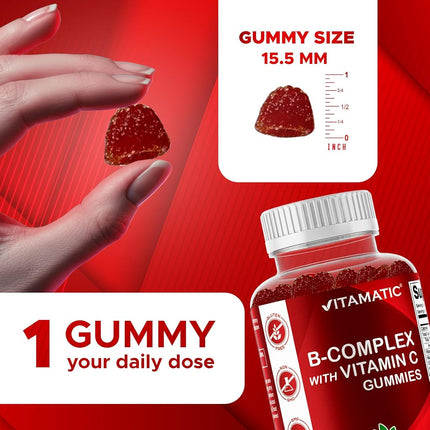 Vitamatic Vitamin B Complex Gummies with Vitamin C & Inositol - Natural Strawberry Flavor - 60 Gummies (1 Bottle)
