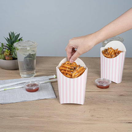 Bio Tek 4.7 x 3.5 x 5.1 Inch French Fry Cup, 100 Disposable Snack Cups - Stackable, Sustainable, Pink and White Paper 4 Ounce Fry Holder, for Fries, Onion Rings, Popcorn, or Cookies - Restaurantware