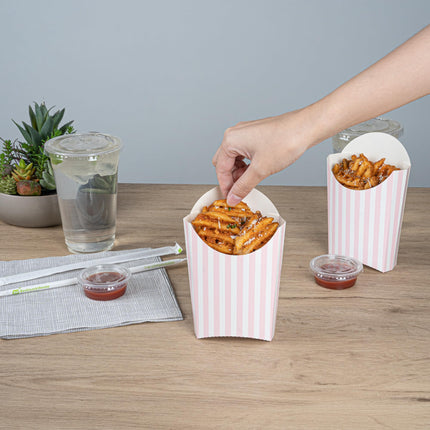 Bio Tek 4.7 x 3.5 x 5.1 Inch French Fry Cup, 100 Disposable Snack Cups - Stackable, Sustainable, Pink and White Paper 4 Ounce Fry Holder, for Fries, Onion Rings, Popcorn, or Cookies - Restaurantware