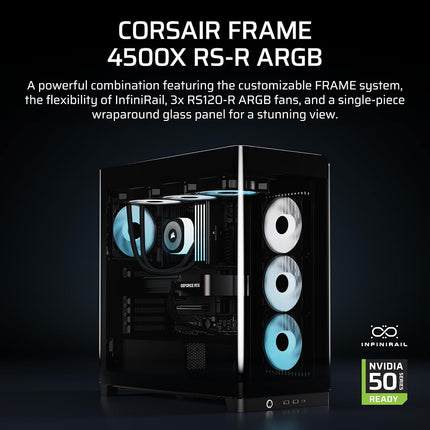 CORSAIR FRAME 4500X RS-R ARGB Panoramic Glass Mid-Tower PC Case – InfiniRail Mounting System, Fits Dual 360mm Radiators, GPU Anti-Sag, 3x RS120R Fans Included – Black