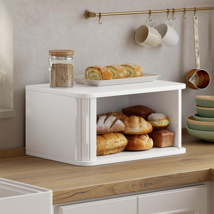 WOWLIVE Bread Box for Kitchen Countertop, Large Roll Top Bread Boxes with Sliding Door, Airtight Bread Storage Container for Loaves, Pastries & Bagels, Bamboo Counter Organizer (White, Medium)