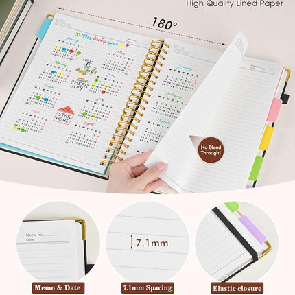 Hardcover Large Spiral Notebook 8.5" x 11" with Removable Dividers Tabs, 300 Pages Leather 5 Subject Notebook College Ruled, A4 Journal for Women Men, Notebooks for Work School Note taking,Black