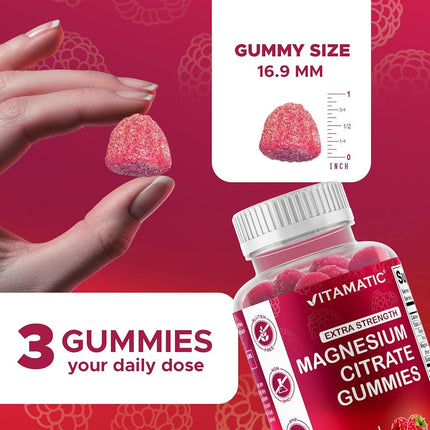 Vitamatic Extra Strength Magnesium Gummies 255 mg (Elemental Mg) per Serving - 60 Vegan Gummies - Promotes Healthy Relaxation, Muscle, Bone, & Energy Support