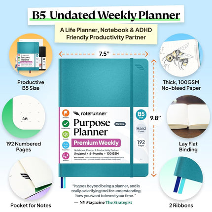 Purpose Planner Notebook B5 Hardcover 7.5”x9.8”- Teal Undated Daily, Weekly, and Monthly 2025 - Productivity & Goal Setting Tool for Work, Home, and Self-Care - ADHD & Journal for Adults