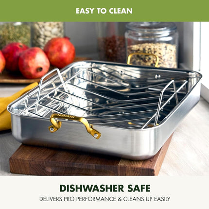 GreenPan Reserve 16" x 13" Tri-Ply Stainless Steel Roasting Pan with Roaster Rack, Multiclad Cookware, Induction Suitable, Stainless Steel Handles, Dishwasher & Oven Safe, Silver
