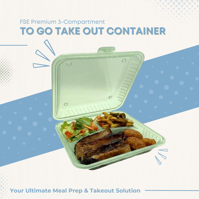 FSE Reusable to Go Take Out Container, 3-Compartment, BPA Free, 9" x 9" x 2.5", Green, Ideal for Meal Prep, Microwave and Dishwasher Safe