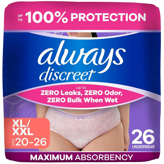 Always Discreet Adult Incontinence & Postpartum Underwear for Women, Classic Cut, Size Extra-Large, Maximum Absorbency, Disposable, 26 Count