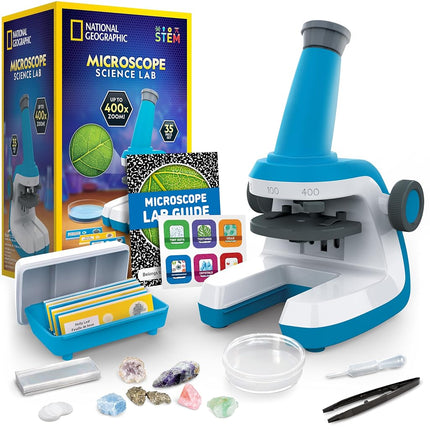 NATIONAL GEOGRAPHIC Microscope for Kids - STEM Kit with an Easy-to-Use Kids Microscope, Up to 400x Zoom, Blank and Prepared Slides, Rock and Mineral Specimens, 37 Piece Set, Great Science Project Set