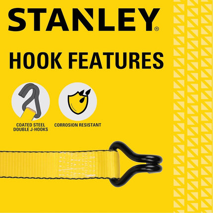 STANLEY S50002 Black/Yellow 1.5" x 16' Heavy-Duty Ratchet Straps (5,000 lb Break Strength), 2 Pack