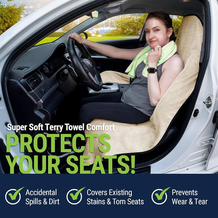 Season Guard Terry Cloth Sweat Towel Seat Cover; Carseat Towel Protector; Great for Gym Workout; Waterproof; Universal Fit for Car SUV Van Truck; EZ fit; Non Slip Grip; Machine Washable; 2pc Tan