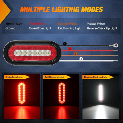 Nilight 6Inch Oval Trailer Tail Light 2PCS Red Brake Stop Turn White Reverse Back Up Lights with Flush Mount Grommets Plugs Mounting Brackets for RV Truck Luggage Rack