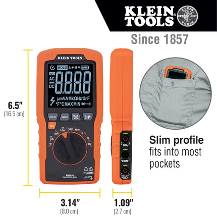 Klein Tools MM450 Multimeter, Slim Digital Meter, Auto-Ranging TRMS, 600V AC/DC Voltage, Current, Resistance, Temp, Frequency, Continuity, Orange