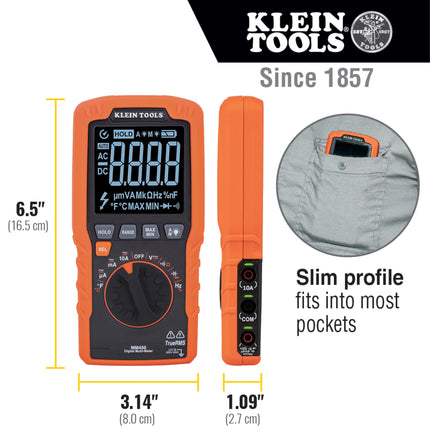 Klein Tools MM450 Multimeter, Slim Digital Meter, Auto-Ranging TRMS, 600V AC/DC Voltage, Current, Resistance, Temp, Frequency, Continuity, Orange