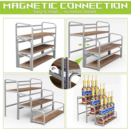 3-Tier Coffee Syrup Rack for Countertop, Large Capacity 12-Bottles Syrup Stand with Wood Shelf & Metal Frame for Coffee Bar, Premium Grey Coffee Organizer Station/Wine Rack for Kitchen Storage