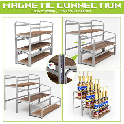 3-Tier Coffee Syrup Rack for Countertop, Large Capacity 12-Bottles Syrup Stand with Wood Shelf & Metal Frame for Coffee Bar, Premium Grey Coffee Organizer Station/Wine Rack for Kitchen Storage