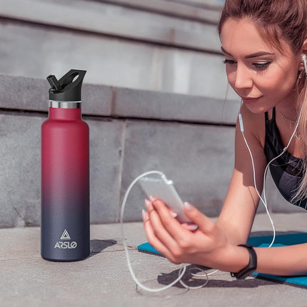 Arslo Stainless Steel Water Bottle with Straw - Insulated Water Bottle for Sports, Gym, School, Commute, Adults/Kids - Keep Cold for up to 24 Hours - Sweat/Leak-proof - 2 Lids - BPA Free