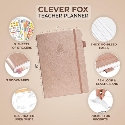 Clever Fox Teacher Planner – School Year Planner with Calendars & Lesson Plans – Teacher Plan Book for Classroom & Homeschool Organization - Undated, 7x10″, Hardcover (Rose Gold)