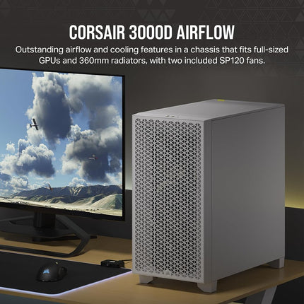 Corsair 3000D AIRFLOW Mid-Tower PC Case – 2x SP120 ELITE Fans – Four-Slot GPU Support – Fits up to 8x 120mm Fans – High-Airflow Design – White