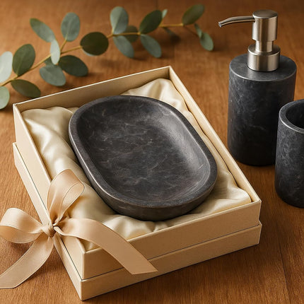 Creative Home Natural Charcoal Marble Curvy Collection Bar Soap Dish Soap Tray Holder Bathroom Countertop Small Accessories Organizer, 3.8" x 5.6" x 0.8" H, Grey