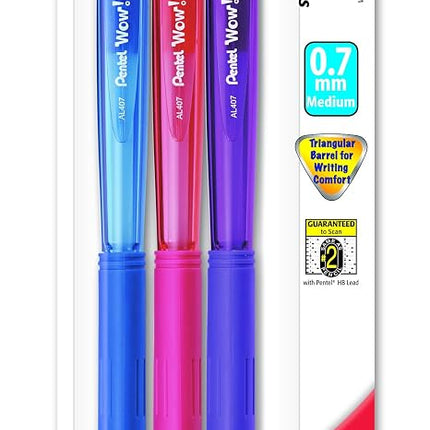 Pentel Wow Mechanical Pencil, 0.7mm, Assorted Barrels, 3 Pack (AL407BP3M) by Pentel