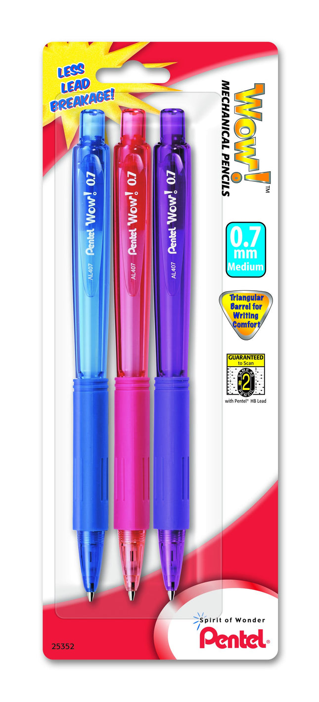 Pentel Wow Mechanical Pencil, 0.7mm, Assorted Barrels, 3 Pack (AL407BP3M) by Pentel