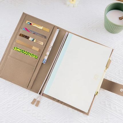 Ox Knight A5 Leather Planner Cover for Hobonichi Cousin, Stalogy, Midori, Leuchtturm1917, and More - with Pen Loop, Card Slots, Back Pocket, and Bookmarks (Taupe)
