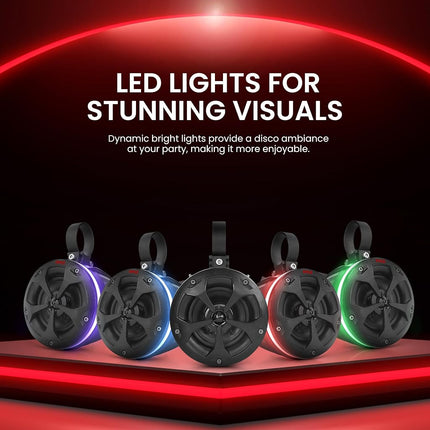Pyle 800W Waterproof Off-Road Speakers - 4-Inch 2-Way Marine Grade Wakeboard Tower Speaker System with RGB Lights - Full Range Outdoor Audio for ATV, UTV, 4x4, Jeep, Boat, and More (2 Pair)